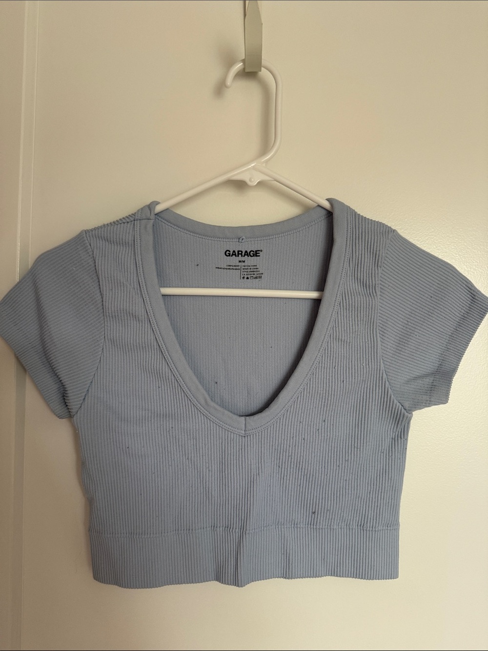 Garage Light Blue Ribbed V-Neck Cropped Tee